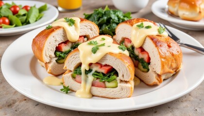 Delicious chicken cordon bleu with creamy sauce and greens, culinary delight