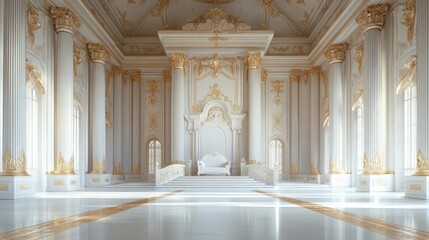 Obraz premium Opulent white and gold palace hall with grand throne.