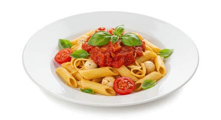 Pasta dish with tomato sauce mozzarella and basil on a white plate.
