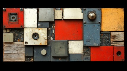 Abstract Composition of Recycled Materials: A Geometric Collage of Industrial and Technological Scraps