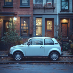 Blue Vintage Car Parked Outside Building at Dusk with Warm Window Lights