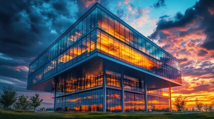A massive corporate structure with a floating upper section supported by ultra-thin steel columns its glass walls glowing from within