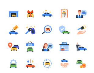Car sales icons set. Colorful signs with car sale, garage, vehicle keys, insurance and certificate of ownership. Design elements for app. Flat vector illustration collection isolated on background