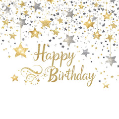 Obraz premium Happy Birthday Stars: A vibrant and festive birthday greeting adorned with sparkling golden and silver stars cascading down from the top, creating a celebratory atmosphere. 