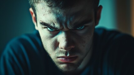 Intense Mood Portrait of an Angry Young Man with Vivid Expression
