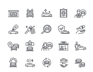 Car sales line icons set. Simple symbols with car keys, insurance, garage and vehicle sale. Editable Stroke. Design Elements for Apps. Outline vector illustration collection isolated on background