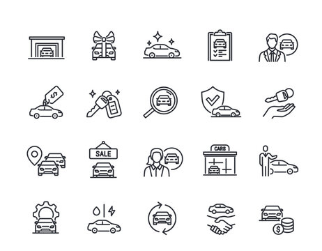 Car sales line icons set. Simple symbols with car keys, insurance, garage and vehicle sale. Editable Stroke. Design Elements for Apps. Outline vector illustration collection isolated on background