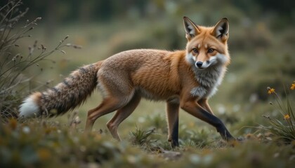 Obraz premium Red Fox in Dusk, Bushy Tail & Alert Gaze, Serene Meadow