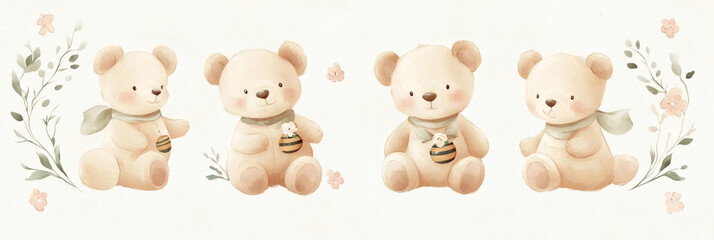 Obraz premium Cute Plush White Teddy Bears Sitting Together on White Background