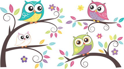 Fototapeta premium Cute Cartoon Owls on Tree Branches – Colorful Vector Illustration Set