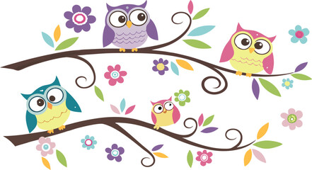Naklejka premium Cute Cartoon Owls on Tree Branches – Colorful Vector Illustration Set