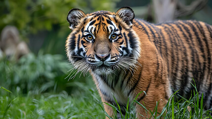 Fototapeta premium Close-Up Portrait Of A Tiger In Grassy Environment
