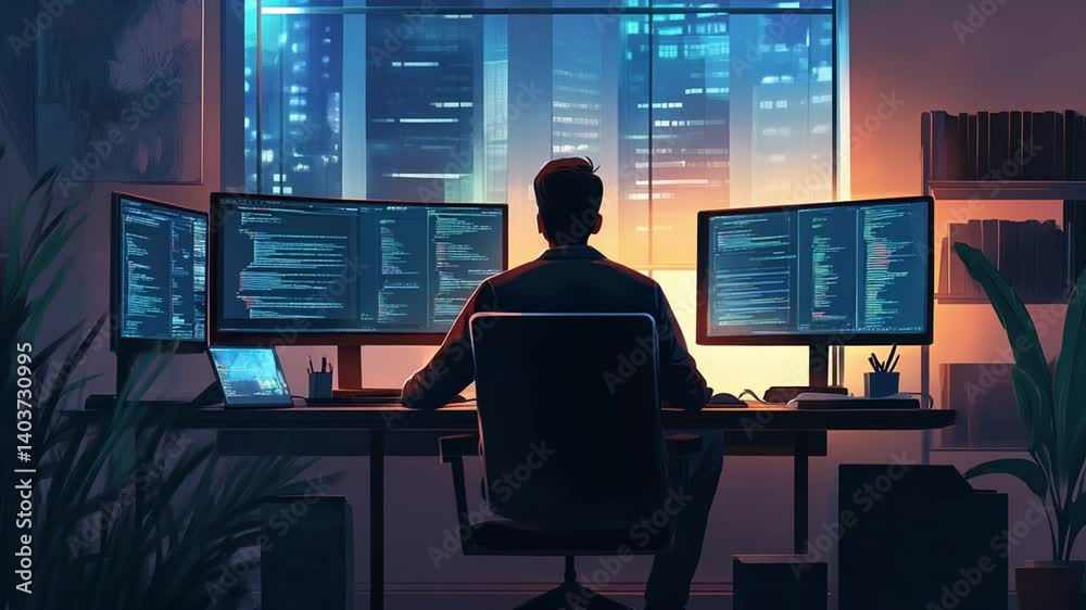 Poster night coder: a digital artist's depiction of a programmer working late into the night,