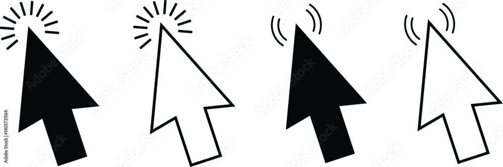 Poster black arrow cursors symbol. fill and outline arrow clicks and clicking cursor art. website arrows cursors symbol vector illustration.
