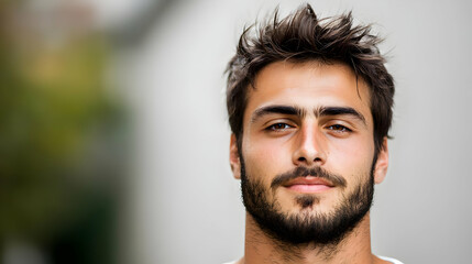 Fototapeta premium Close Up Portrait Of A Young Man With Brown Hair And Beard Against A Blurred Neutral Background