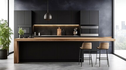 Modern minimalist black kitchen with island and stools showing city view