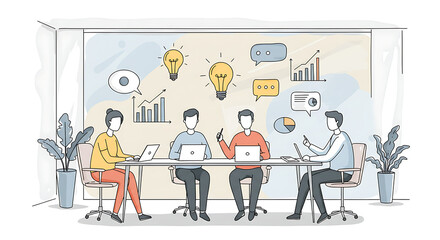 Sketch of a team brainstorming in an office with lightbulbs, graphs, and speech bubbles