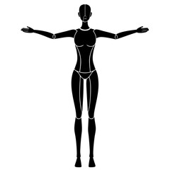Vector silhouette of a mannequin with both arms extended to the sides as if posing, legs spread in a balanced stance