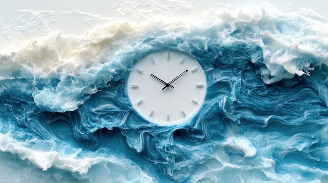 A white clock surrounded by dynamic blue and white swirling patterns resembling ocean waves.