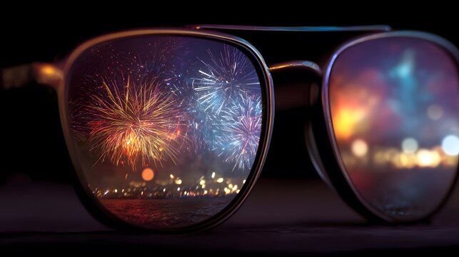 Sunglasses reflect a vibrant fireworks display, capturing the joyous celebration with bursts of color and light against the night sky.