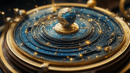 Exquisite celestial orrery with planetary orbit and golden details. Diorama.