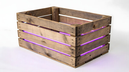 rustic wooden crate with glowing purple neon lights, perfect for adding unique touch to any space. Its charming design enhances decor