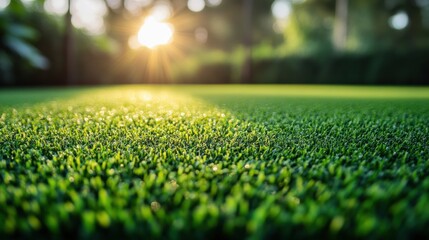 Naklejka premium Sunlight casts a warm glow over a lush, vibrant green lawn at sunrise.