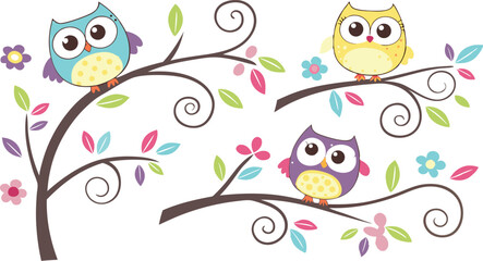 Fototapeta premium Cute Cartoon Owls on Tree Branches – Colorful Vector Illustration Set