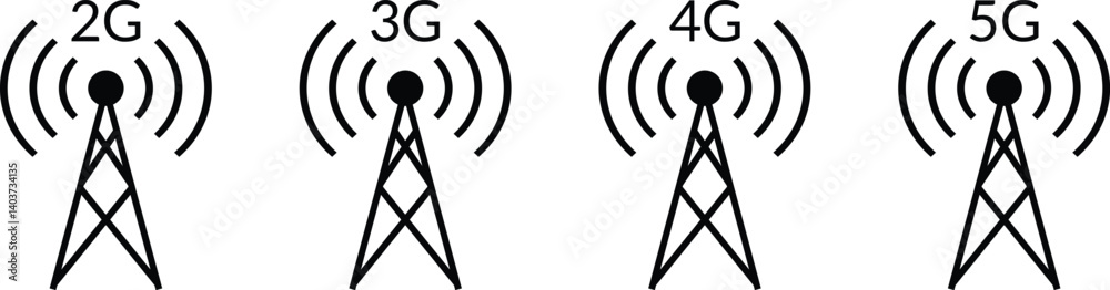 Poster set of wi-fi network connection 2g 3g 4g 5g signal tower icon. wireless communication. vector illust