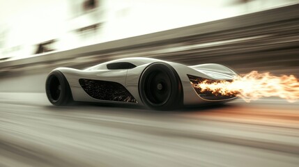 Sleek futuristic sports car speeding with blazing flames, showcasing innovative design and high performance.