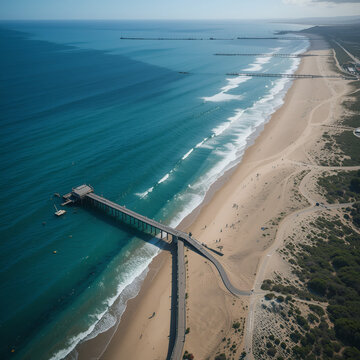 4K drone aerial tracking and stablishing shot of a beach with a pier in California
