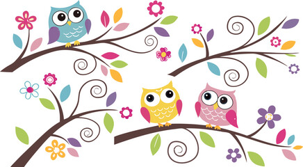 Cute Cartoon Owls on Tree Branches – Colorful Vector Illustration Set