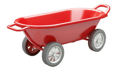 Render of a vibrant red child's wheelbarrow, studio setting and simple design