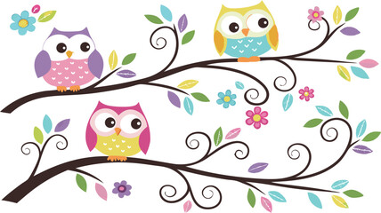 Cute Cartoon Owls on Tree Branches – Colorful Vector Illustration Set