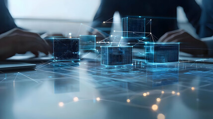Hands Interacting Over Illuminated Data Cubes Representing Networked Technology at Meeting