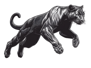 Jumping running panther, emphasizing its muscular build and agility. Tattoo design sketch engraving generative ai raster illustration. Scratch board imitation. Black and white image.