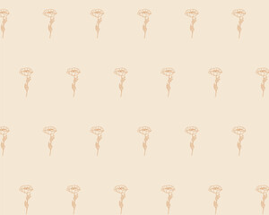 Seamless vector pattern with hand drawn poppy flowers. Delicate floral design in warm terracotta color on beige background. Perfect for fabric, wallpaper, packaging and stationery. Small print.