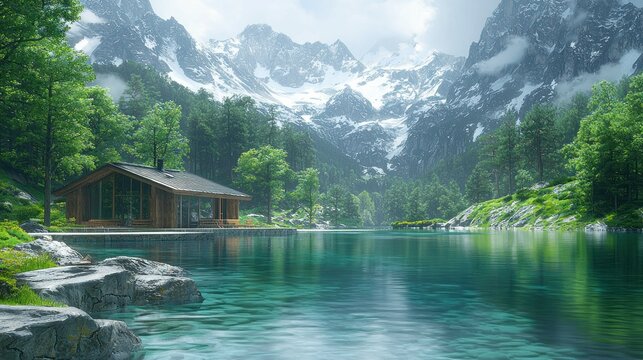 Serene Mountain Lake Cabin Retreat: A picturesque wooden cabin nestled beside a tranquil lake, surrounded by majestic snow-capped mountains and lush greenery.
