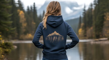 Woman in navy hoodie with mountain design, overlooking calm river and forest.