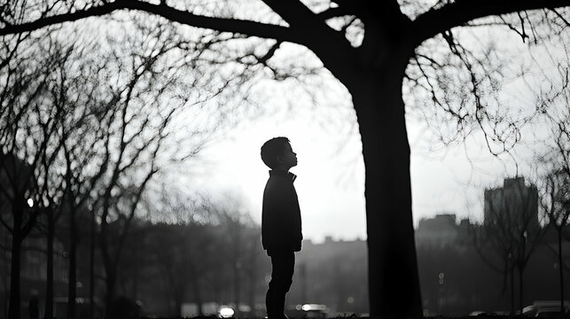 Fototapeta Silhouette of a Child Standing Among Trees in a City Park