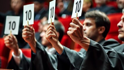 This Judges raise scorecards showing high ratings during an exciting dance event in a ballroom.