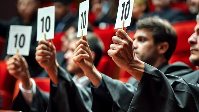 This Judges raise scorecards showing high ratings during an exciting dance event in a ballroom.