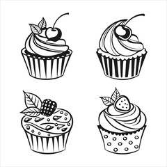 Cute Cupcake Icon Set – Black & White Dessert Illustrations