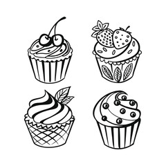 Cute Cupcake Icon Set – Black & White Dessert Illustrations