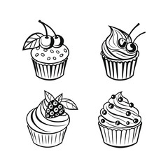 Cute Cupcake Icon Set – Black & White Dessert Illustrations