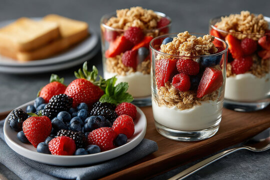 Delightful berry parfaits with granola served alongside fresh fruit and toast for a healthy breakfast spread