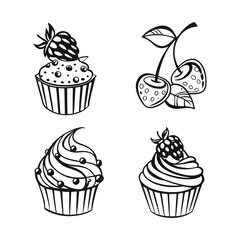 Cute Cupcake Icon Set – Black & White Dessert Illustrations