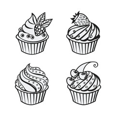 Cute Cupcake Icon Set – Black & White Dessert Illustrations
