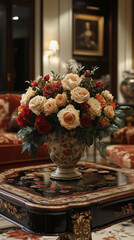 Bouquet of roses and flowers in an elegant vase on a decorative table in a luxurious setting