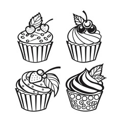 Cute Cupcake Icon Set – Black & White Dessert Illustrations